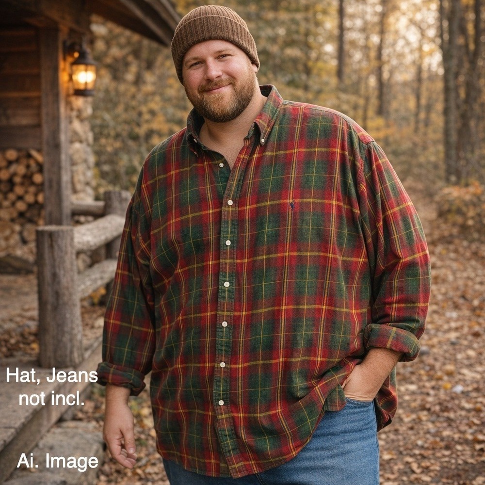 Ralph Lauren Men 4X Big Plaid Flannel Shirt‎ Red Green Tartan Cotton Heritage